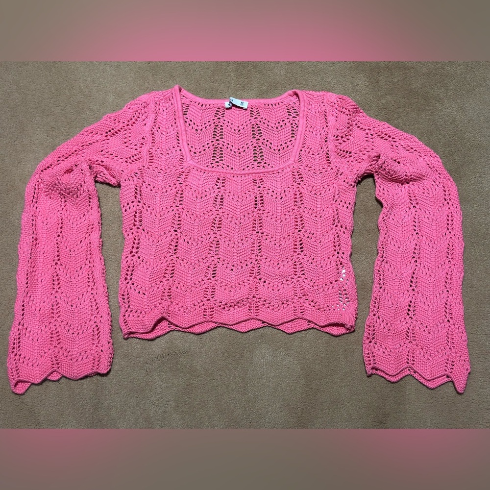 Hollister Pink Crochet Knit Bell Sleeve Sweater